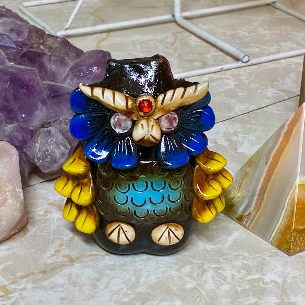 Handcrafted Colorful Clay Owl Whistle Sculpture - Blue, Yellow, Teal Accents